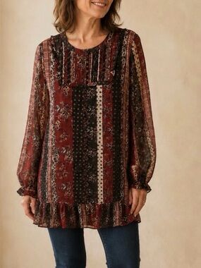LOGO by Lori Goldstein Patchwork Chiffon Boho Tunic Top